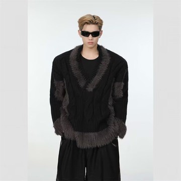 撞色V領長袖毛衣男秋冬新款休閒百搭寬鬆保暖上衣男
