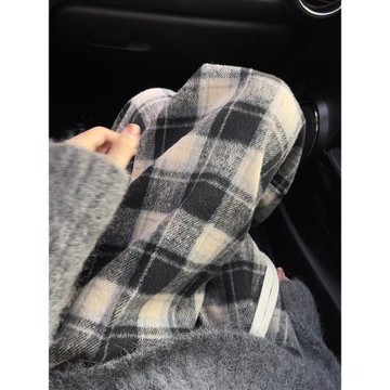 黑杏撞色加絨闊腿褲女秋冬慵懶格子褲高腰垂感加厚毛呢直筒休閑褲