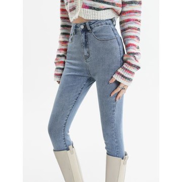 高腰淺色牛仔褲女2025年春秋新款彈力緊身小腳爆款鉛筆胖mm大碼褲