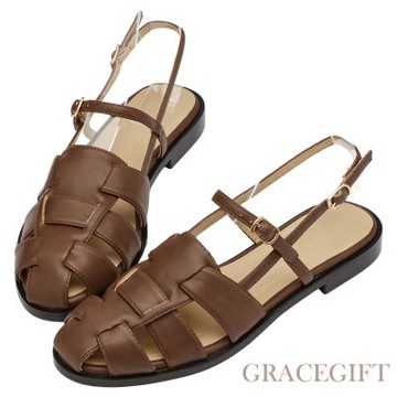 【Grace Gift】東京步調編織羅馬平底涼鞋 咖