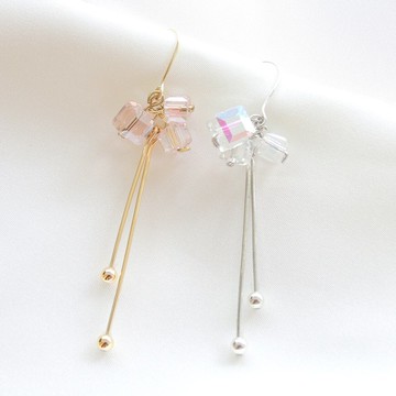 水晶方塊晶亮耳鉤/耳夾(一對/純銀/14K包金)