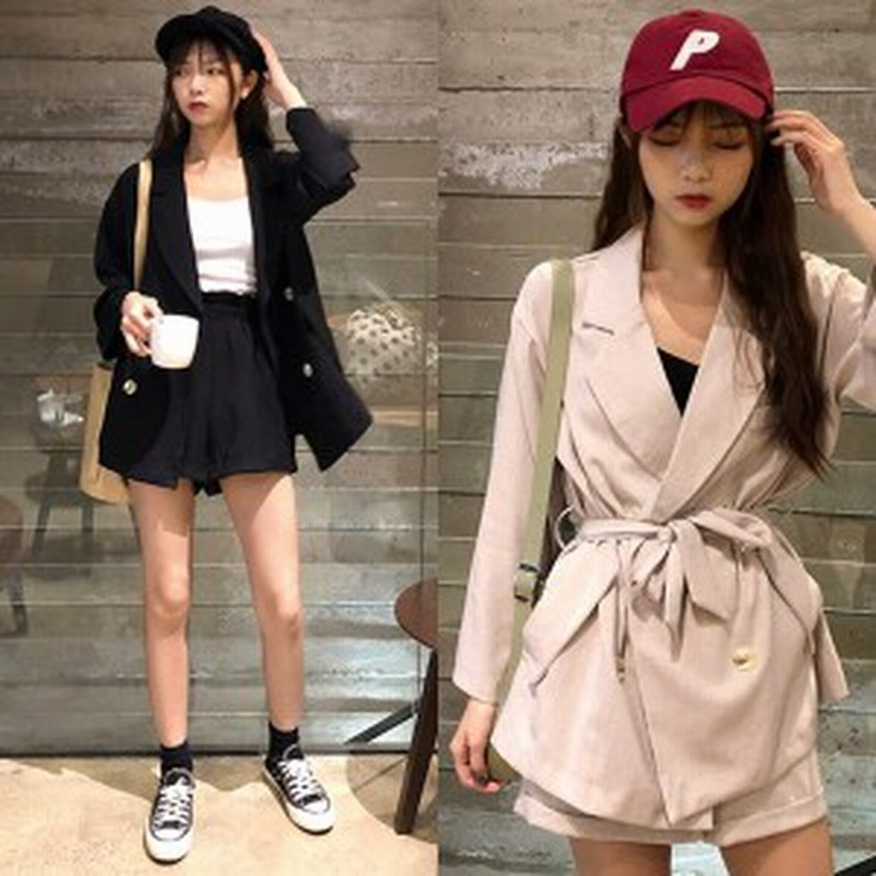 パンツスーツ セットアップ レディース ショートパンツ 2点セット 長袖 無地 ウエストゴム ベルト リボン ダブル 夏 通勤 通販 Lineポイント最大1 0 Get Lineショッピング