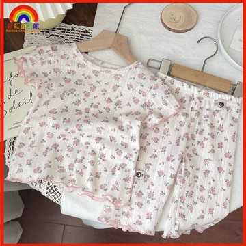 🍈清涼面料🍈兒童睡衣 兒童居家服 寶寶睡衣 女童睡衣 男童睡衣韓版薄款純棉鏤空碎花短袖七分褲睡衣套裝空調服透氣家F5