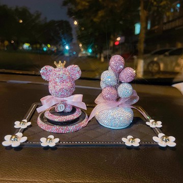 VIVILIAN高質感滿鑽皇冠熊+告白氣球+茶花墊汽車擺件三件組