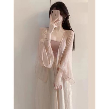 新中式國風時尚套裝女秋新款溫柔風雪紡防曬開衫吊帶闊腿褲三件套