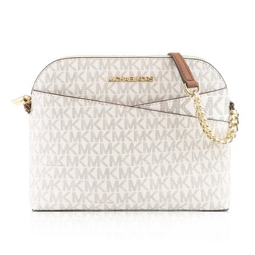 Michael Kors Jet Set Travel 經典滿版MK緹花防刮皮革斜背鍊條包 貝殼包 緹花x白棕色