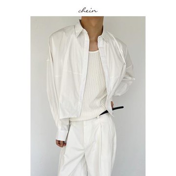 chein/春夏法式極簡慵懶廓形拼接長袖襯衣寬松隨性百搭襯衫短款