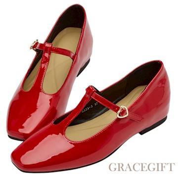 【Grace Gift】復古女伶T字愛心扣微方頭內增高瑪莉珍鞋 紅漆