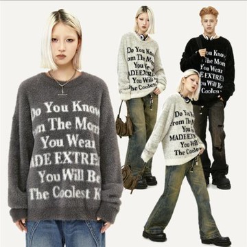 秋冬款美式cleanfit提花慵懶風毛衣寬松vibe小眾字母設計針織衫男