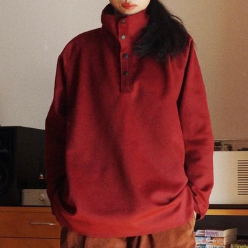 安可拉紅 冬季粗裁邊保暖高領半開襟上衣 義大利順毛羊毛