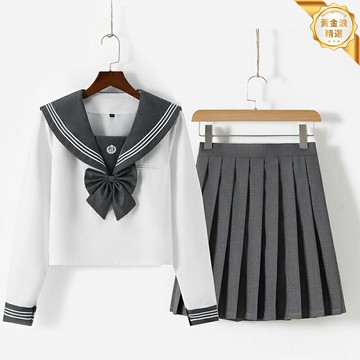 【日系學院風】JK制服套裝 水手服 百褶裙 刺繡校服 長袖三本線 春秋設計 灰白配色 學院寫真 日常穿搭