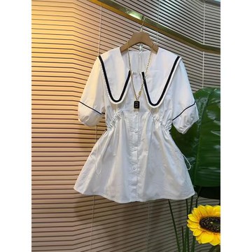 加肥大碼女裝顯瘦娃娃領腰抽繩短袖上衣胖妹妹韓版減齡淑女風襯衫