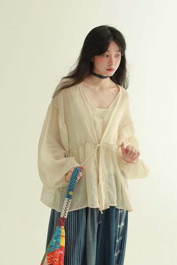 3顔色 繫帶苧麻泡泡長袖罩衫 溫柔慵懶風小衫寬鬆空調開衫