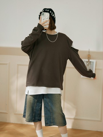 開釦造型袖寬鬆長版大學TEE