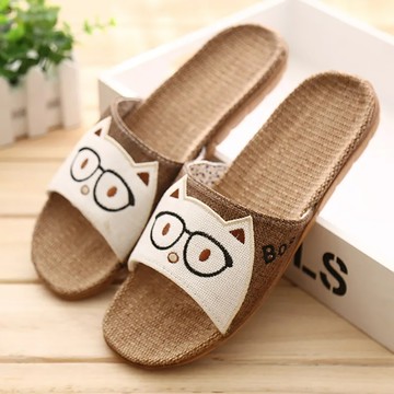 BonBon naturel 男款亞麻透氣室內防滑拖鞋 可愛貓咪  L  棕色  1雙