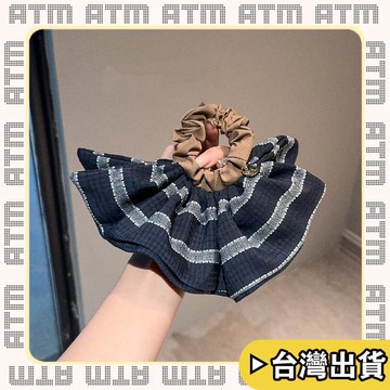 🔥臺灣出貨🔥可開發票✅輕飾時光藍色條紋方巾大腸髮圈女高級感超大方形低馬尾扎頭髮頭繩頭飾韓國