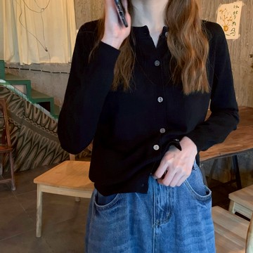 秋裝chic慵懶風長袖薄款針織毛衣女百搭寬松圓領短款開衫上衣1入