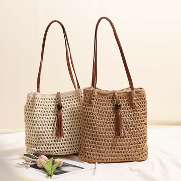 現貨+預購 女草編包手提包渡假單肩側背包大容量藤編織包包-木珠鏤空褶皺2色74ly5【獨家進口】【米蘭精品】