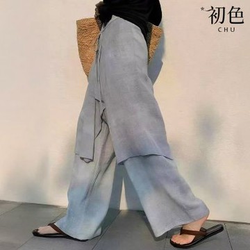 初色 休閒慵懶風純色中高腰假兩件收腰綁帶寬鬆百搭闊腿褲休閒褲寬褲長褲-灰色-53832(M-XL可選)
