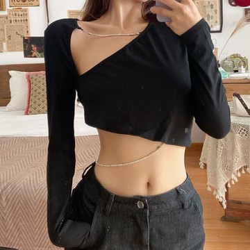 gagaopt 辣妹穿搭不規則掛鏈短t恤女ins超火露臍顯瘦薄款黑色上衣
