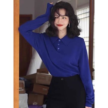 克萊因藍polo領針織衫上衣女秋冬加厚內搭毛衣寬松短款翻領打底衫