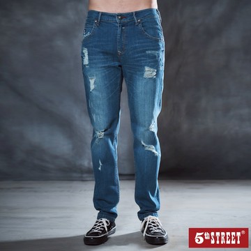 【5th STREET】 男裝 美式刷破直筒褲-中古藍 (942572)