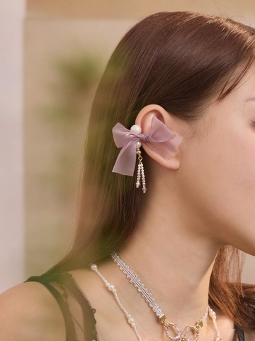 日劇般迷戀。MUCHAT手作14KGP珍珠透紗蝶結耳骨夾(單支)