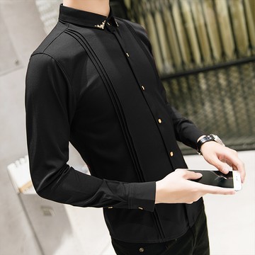 型男金屬邊領修身襯衫 / 長袖 / 精品時裝 / 4色 / S到5XL【QTJ9223】