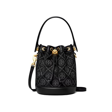 精選★TORY BURCH  T Monogram 老花滿印抽繩提花拼皮飾邊 女款迷你水桶包152130(整新二手)~【夏日美包★菲尼斯 國際精品↘3折起】