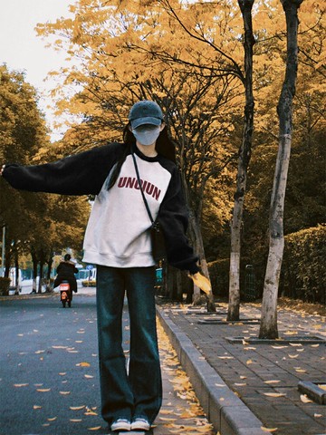 美式復古插肩圓領oversize衛衣女秋冬字母寬松小個子加絨加厚外套