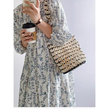 小眾設計ins 復古木珠水桶包手工編織鏤空包百搭單肩串珠手提包女