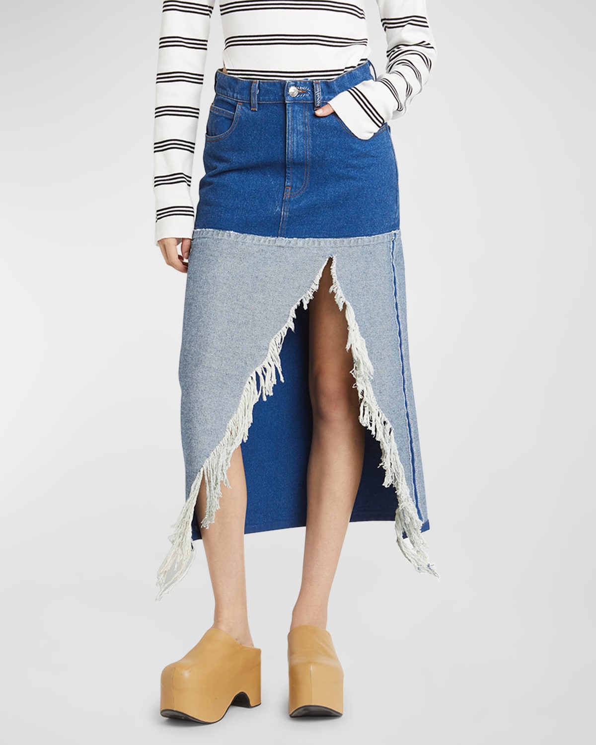 Distressed Slit-Hem Midi Denim Skirt