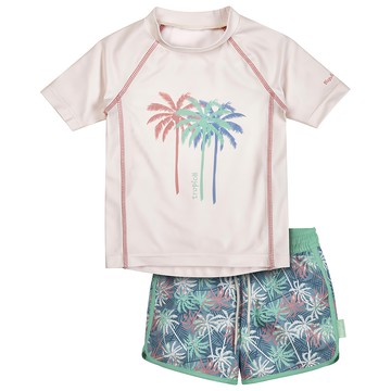 Playshoes兒童抗UV防曬短袖泳裝兩件組配海灘褲-棕梠樹 舒適透氣 夏日必備  98/104  淺米色  1入