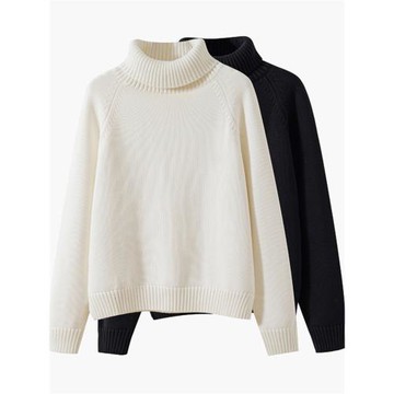 100%純棉高領毛衣女白色寬松插肩袖秋冬季新款開叉加厚針織打底衫