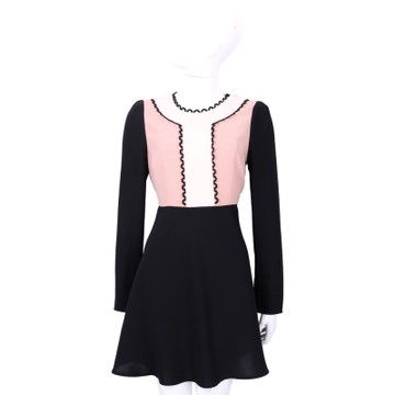 RED VALENTINO 黑粉花邊拼色長袖洋裝