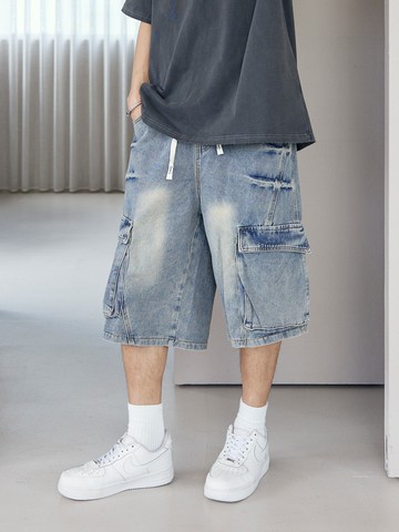 潮流皺褶刷白牛仔短褲