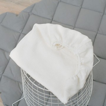 白色素色麻（亞麻）麻嬰兒床單 - 嬰兒床單配有鬆緊帶