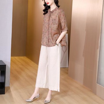 高貴天絲麻襯衫套裝女夏季2025年新款貴夫人氣質媽媽闊腿褲兩件套