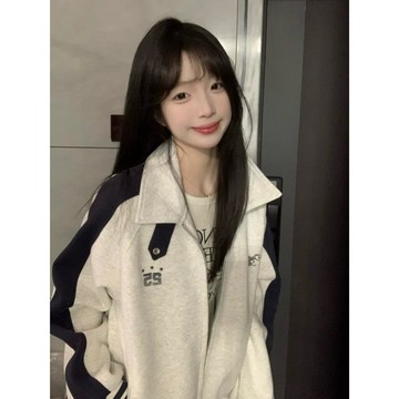 已售9642件💖赤道少女  灰色撞色衛衣外套   拉鏈外套   美式復古   寬鬆百搭上衣   設計感  早秋穿搭外套