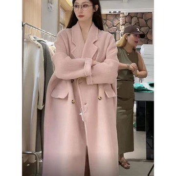 粉色雙面羊絨大衣女氣質百搭顯瘦中長款闊版繭形羊毛呢西裝外套冬