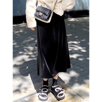 金絲絨半身裙女2024秋冬中長款高腰A字垂感顯瘦高級加絨絲絨裙子