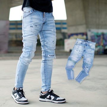 【NB1410J】韓國製深藍刷白噴漆小刷破補丁合身版牛仔褲(LE-HB160)