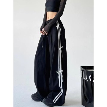 美式兩條杠側條紋蝴蝶結抽繩速干闊腿褲女夏季新款高腰休閑運動褲