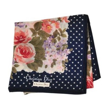 Christian DIOR 米色底深藍邊繽紛波點花卉品牌字母LOGO圖騰帕巾(53CM)
