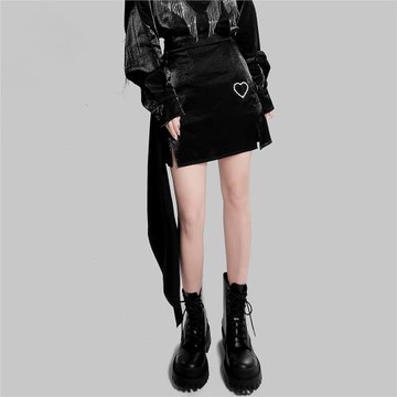 小雨家自制兩種穿法不規則設計愛心鉆扣開叉A字半身裙褶皺一步裙