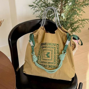 日系ball chain刺繡綠文字環保購物袋斜挎帆布包通勤單肩包大容量