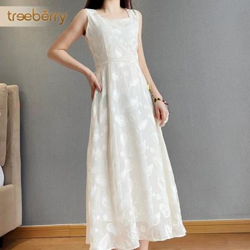 立體提花米白連衣裙女無袖長裙2025夏季新款氣質顯瘦收腰雪紡裙子