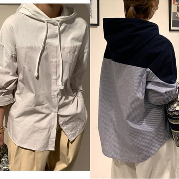 【🍒櫻桃大尺碼】XL-5XL 秋冬大尺碼帽t女 半針織連帽衛衣拼接條紋長袖襯衫寬松單排扣上衣967