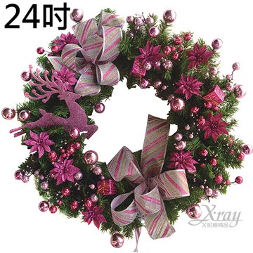 24吋成品樹圈(粉紫)，聖誕節/聖誕佈置/聖誕掛飾/聖誕裝飾/聖誕吊飾/聖誕花材，X射線【X106516】