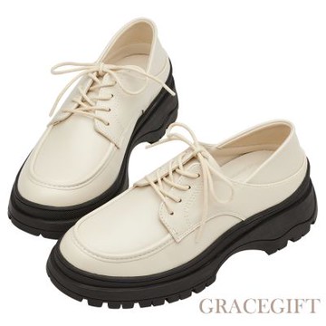 【Grace Gift】經典英倫可後踩運動厚底綁帶牛津鞋 米白